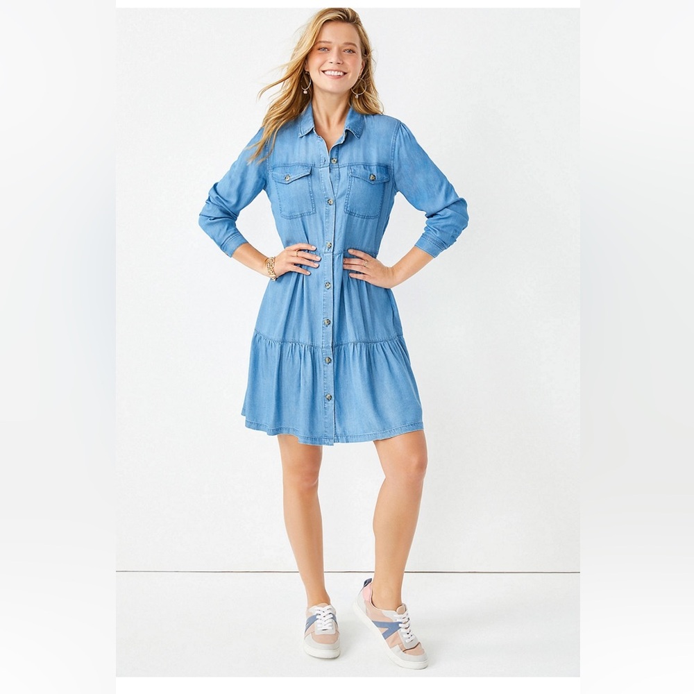 New Japna Washed Chambray Button Front Babydoll Dress - Picture 12 of 13